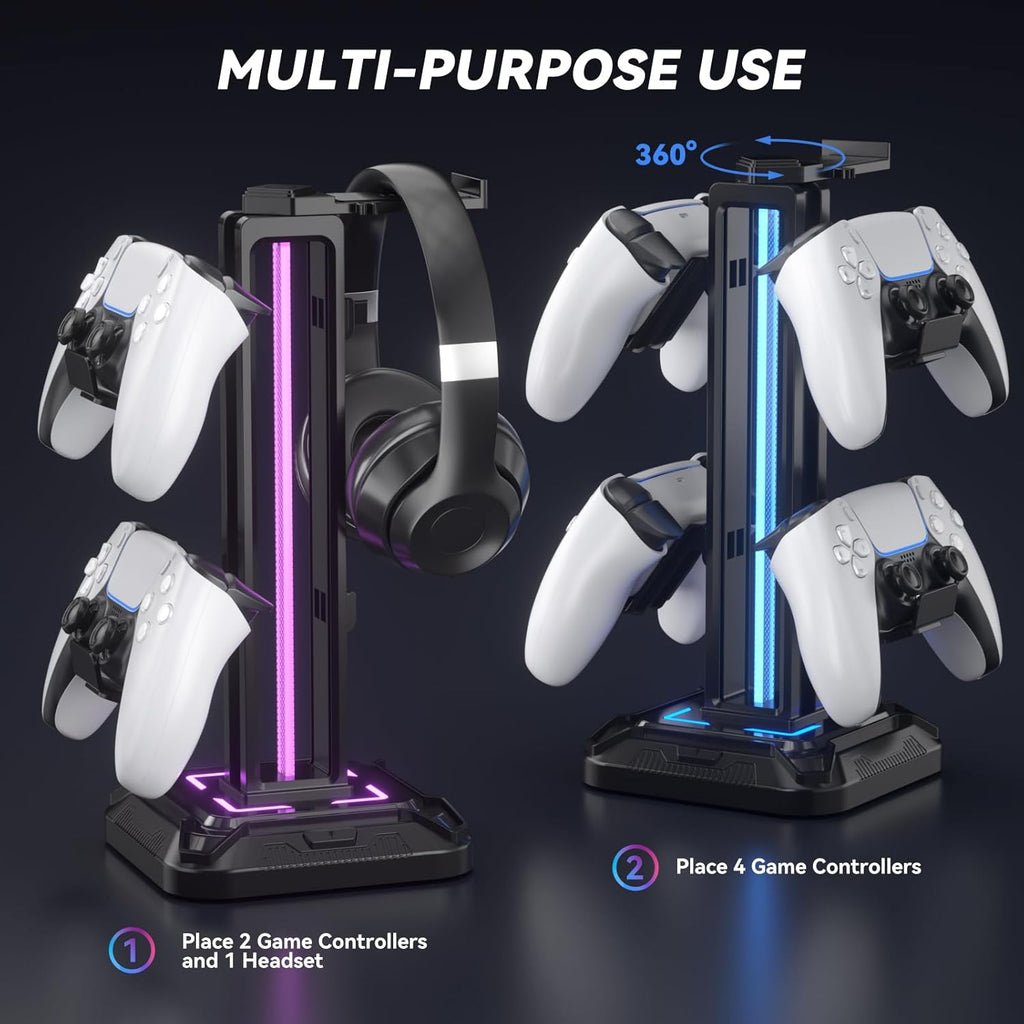 RGB Headset Stand with 9 Light Modes - Controller Holder for Desk - Rotatable Headphone Stand & Detachable Controller Hook for PC Earphone Accessories(Black)