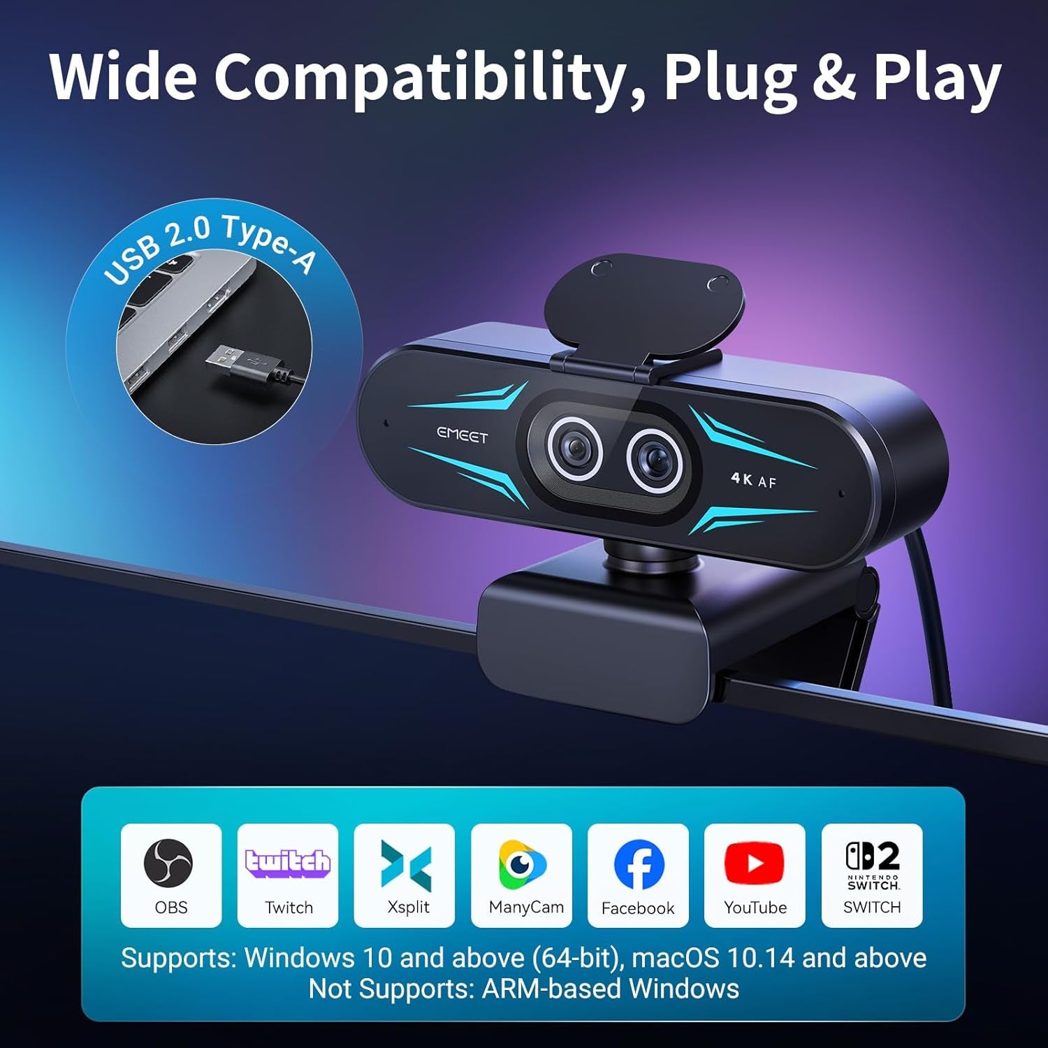 C60E Dual-Camera 4K Webcam for Streaming, Wide-Angle &amp; Telephoto | Max 11X Hybrid Zoom &amp; PDAF Autofocus, Remote Control, RGB Lighting, 2 Mics, Ideal for Livestreaming and Online Meeting