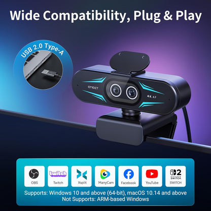 C60E Dual-Camera 4K Webcam for Streaming, Wide-Angle &amp; Telephoto | Max 11X Hybrid Zoom &amp; PDAF Autofocus, Remote Control, RGB Lighting, 2 Mics, Ideal for Livestreaming and Online Meeting
