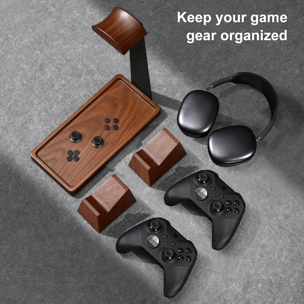 Headphone and Headset Stand with Controller Holders for Gaming Desk | Solid Wood, Holds 2 Controllers, Storage Tray for Gaming Accessories, Compatible with PS5 and Xbox