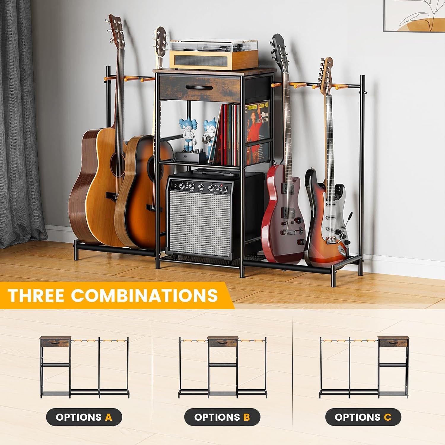 Guitar Stands Floor with 4 Guitar Holders, 3-Tier Guitar Stand Multiple Guitars, Guitar Rack with Amp Stand &amp; Cloth Drawer, Multi Guitar Stand for Music Studio, Guitar Accessories Gift for Music Lover | Guitar Rack with Amp Holders &amp; Cloth Drawer,3-Tier M