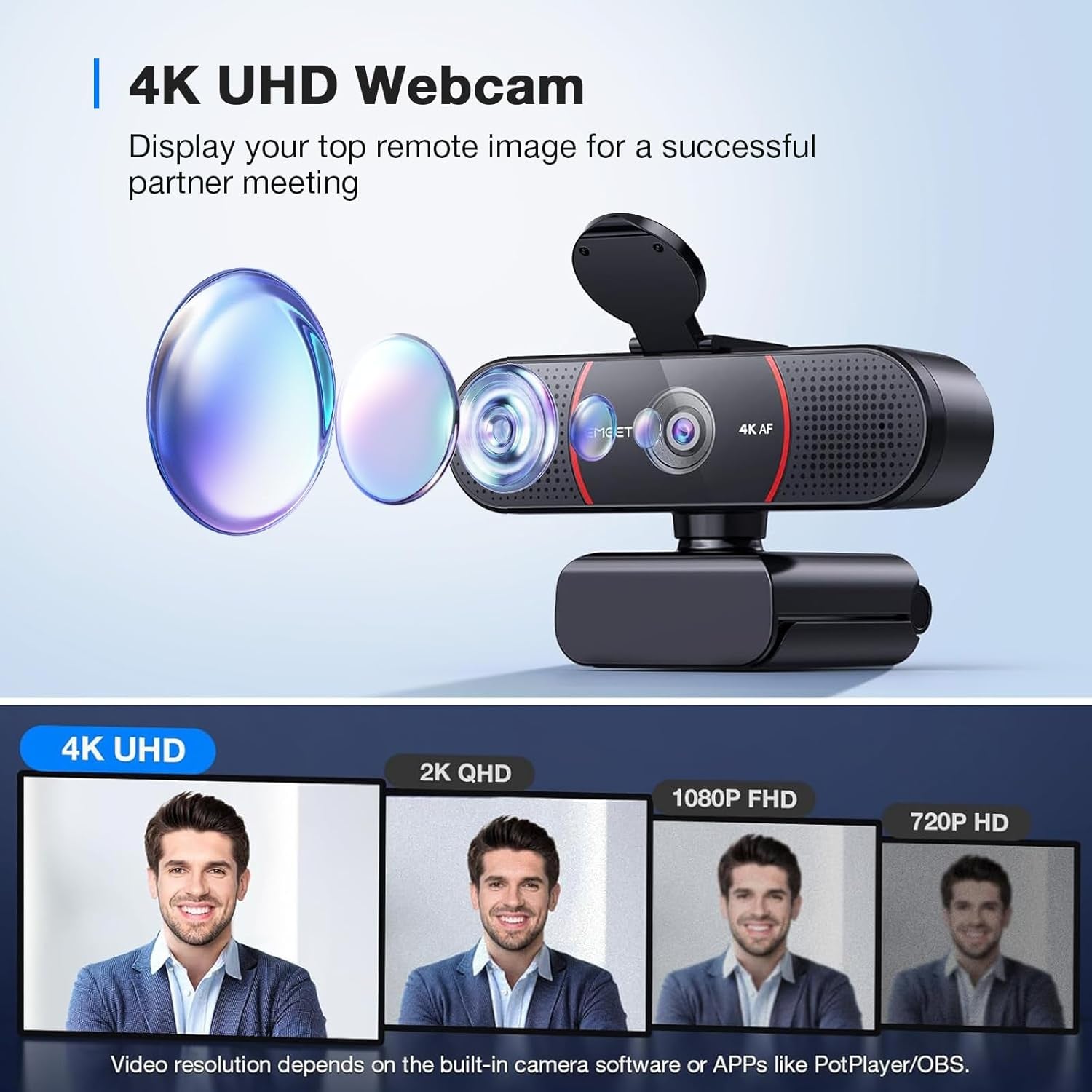 C960 4K Webcam for PC, PDAF Auto Focus, Dual Omni Mics, 73° FOV | Auto Light Correction, USB-A, Plug&amp;Play, Web Cam 4K with Privacy Cover, Webcam 4K Works for Zoom/Teams/Google Meet, Laptop/Pc