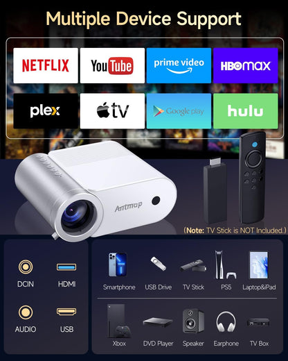 Mini Projector with Wifi and Bluetooth, 1080P Support Portable Projector for Iphone, 200” Portable Projectors for Bedroom, Compatible with Phone/Pad/Laptop/Tv Stick