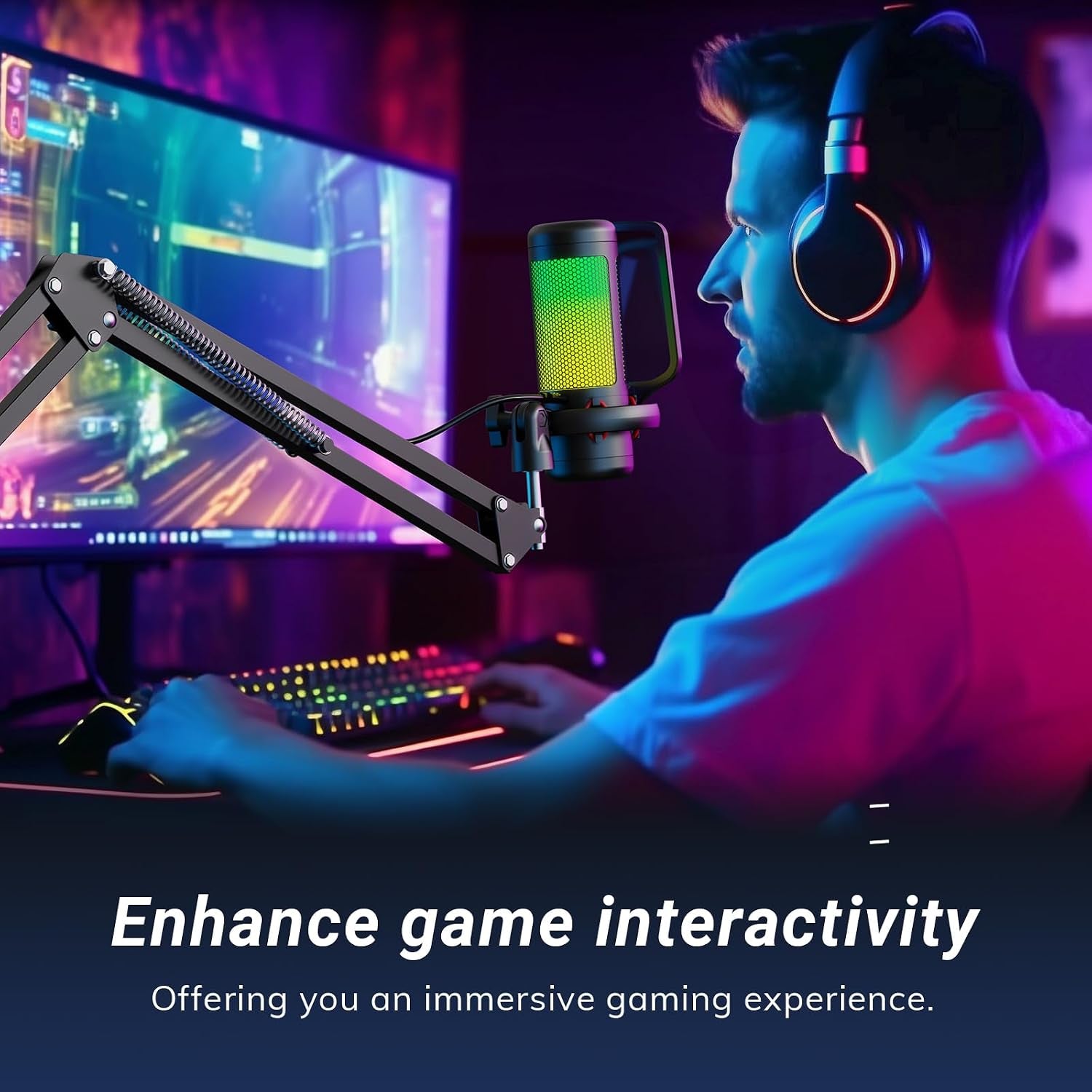Gaming Microphone Set with Boom Arm, Vocal Condenser Microphone for Content Creators, USB Mic for PC with Stand, RGB, Tap Mute, Gain Control, Gaming Equipemnt, Twitch, Streaming, TC310+ | Boom Arm Set, USB Mic with Controllable Light, One Tap Mute, Volume Control, for Discord, Twitch Streaming, Black, TC310+