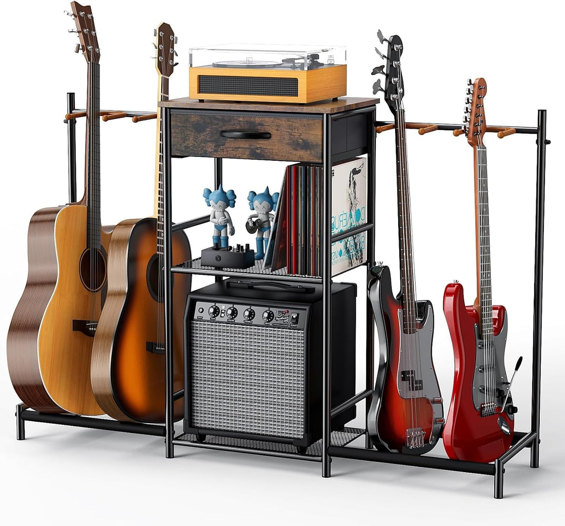 Guitar Stands Floor with 4 Guitar Holders, 3-Tier Guitar Stand Multiple Guitars, Guitar Rack with Amp Stand &amp; Cloth Drawer, Multi Guitar Stand for Music Studio, Guitar Accessories Gift for Music Lover | Guitar Rack with Amp Holders &amp; Cloth Drawer,3-Tier M