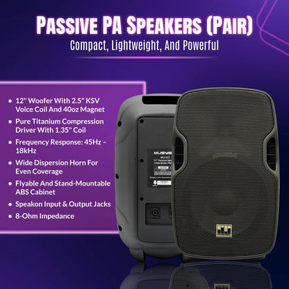 Pa System with Wireless Microphone and Speakers 12", 2000W | Built-In Amplifier W/6 Channel Audio Mixer System, Wireless UHF Microphone, 1000W Passive Speaker, Dual Tripod Stands