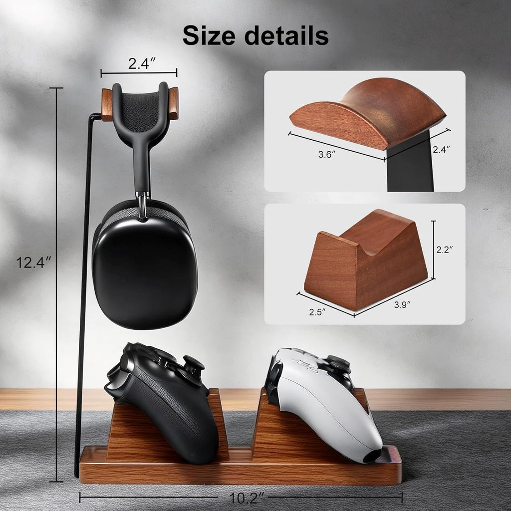 Headphone and Headset Stand with Controller Holders for Gaming Desk | Solid Wood, Holds 2 Controllers, Storage Tray for Gaming Accessories, Compatible with PS5 and Xbox