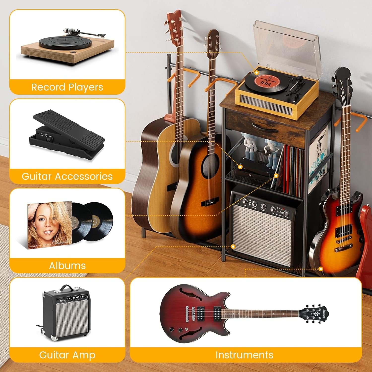 Guitar Stands Floor with 4 Guitar Holders, 3-Tier Guitar Stand Multiple Guitars, Guitar Rack with Amp Stand &amp; Cloth Drawer, Multi Guitar Stand for Music Studio, Guitar Accessories Gift for Music Lover | Guitar Rack with Amp Holders &amp; Cloth Drawer,3-Tier M