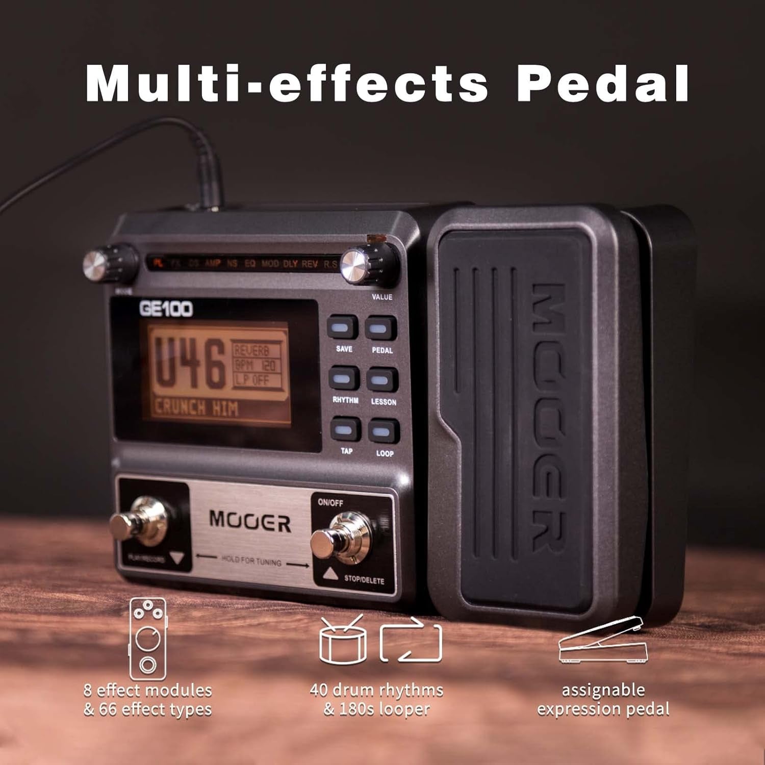 GE100 Multi-Effects Guitar Pedal 80 Presets, 66 Effects | 180 Second Loop,40 Drum Rythm, Distortion, Expression Volume Wah Pedal, Tap Tempo, Headphone Out, LED Screen, Tuner