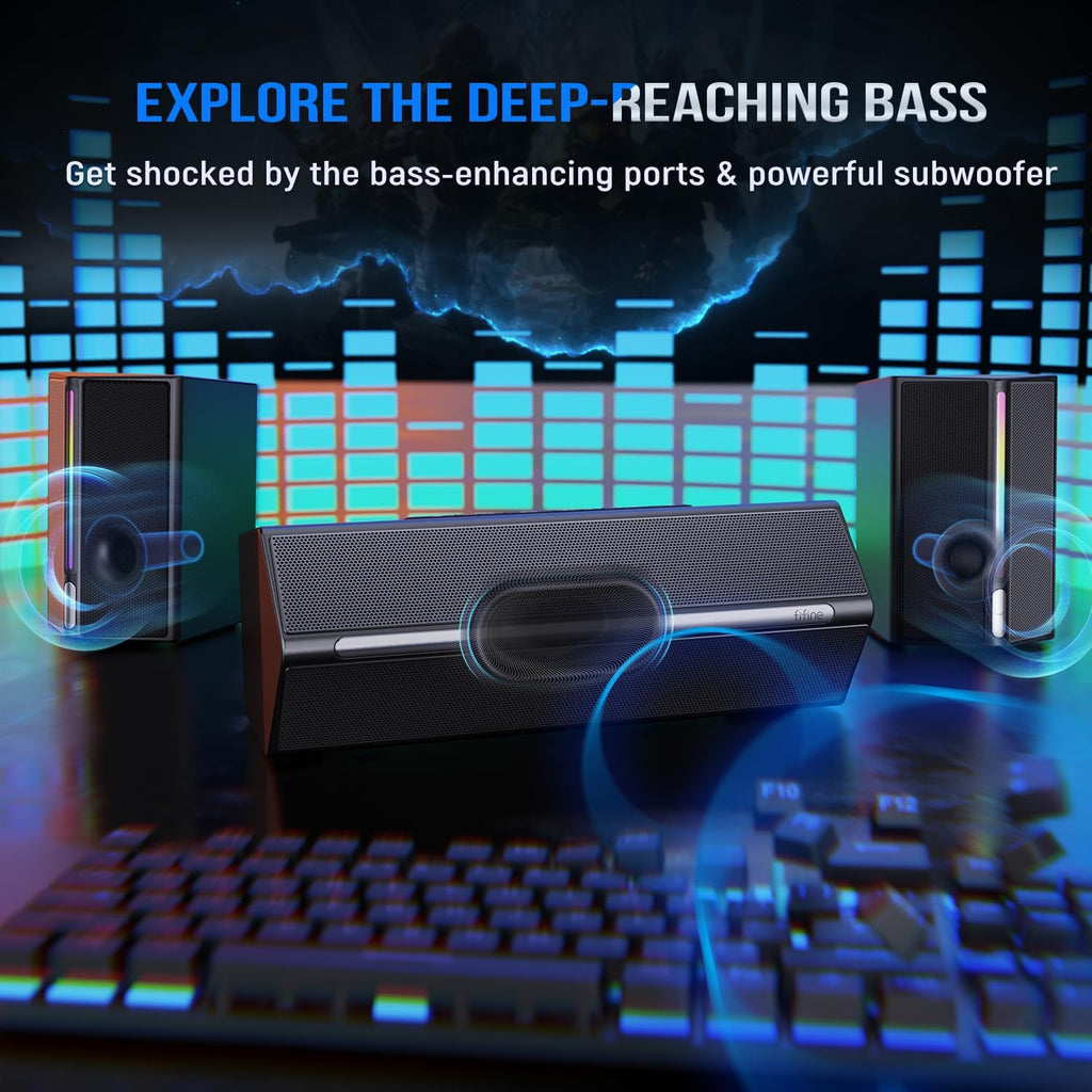Ampligame A22 2.1 Gaming Computer Speakers with Subwoofer Bluetooth | 18 RGB Modes, Deep Punchy Bass, 3 EQ Presets, Volume Control, AC Powered, for PC TV Monitor Phone Tablet Music Gaming Movie