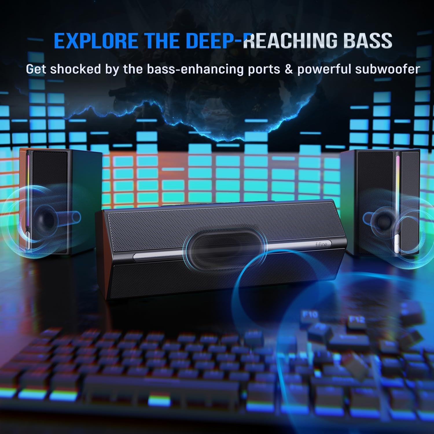 Ampligame A22 2.1 Gaming Computer Speakers with Subwoofer Bluetooth | 18 RGB Modes, Deep Punchy Bass, 3 EQ Presets, Volume Control, AC Powered, for PC TV Monitor Phone Tablet Music Gaming Movie