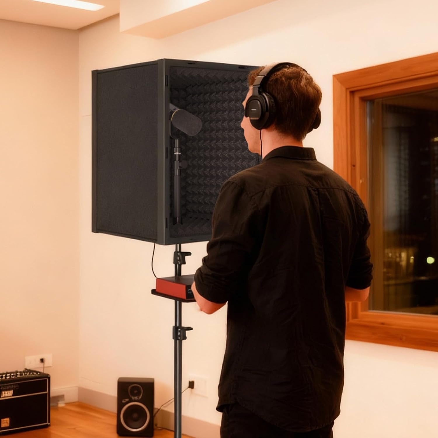 Microphone Isolation Shield, Professional Mic Shield for Studio with Tripod Stand, Adjustable Height Max 53.1 Inch, Sound Proof Box for Singing, Recording Studio Equipment