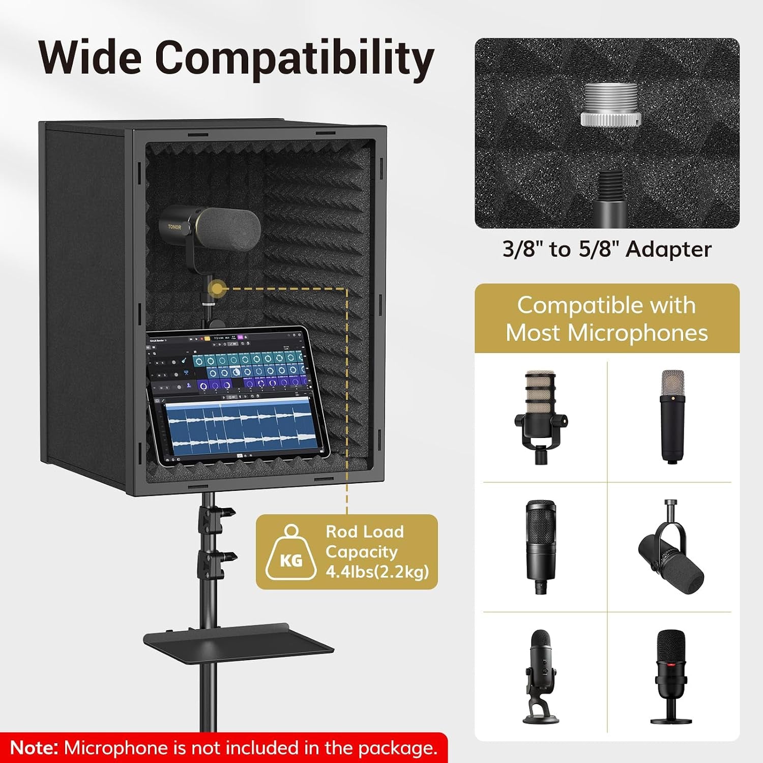 Microphone Isolation Shield, Professional Mic Shield for Studio with Tripod Stand, Adjustable Height Max 53.1 Inch, Sound Proof Box for Singing, Recording Studio Equipment