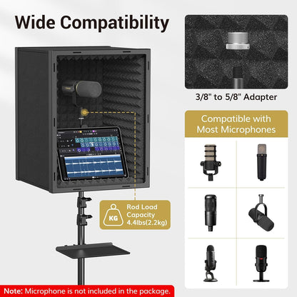 Microphone Isolation Shield, Professional Mic Shield for Studio with Tripod Stand, Adjustable Height Max 53.1 Inch, Sound Proof Box for Singing, Recording Studio Equipment