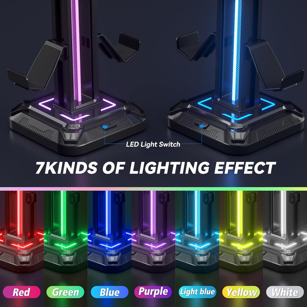 RGB Headset Stand with 9 Light Modes - Controller Holder for Desk - Rotatable Headphone Stand & Detachable Controller Hook for PC Earphone Accessories(Black)