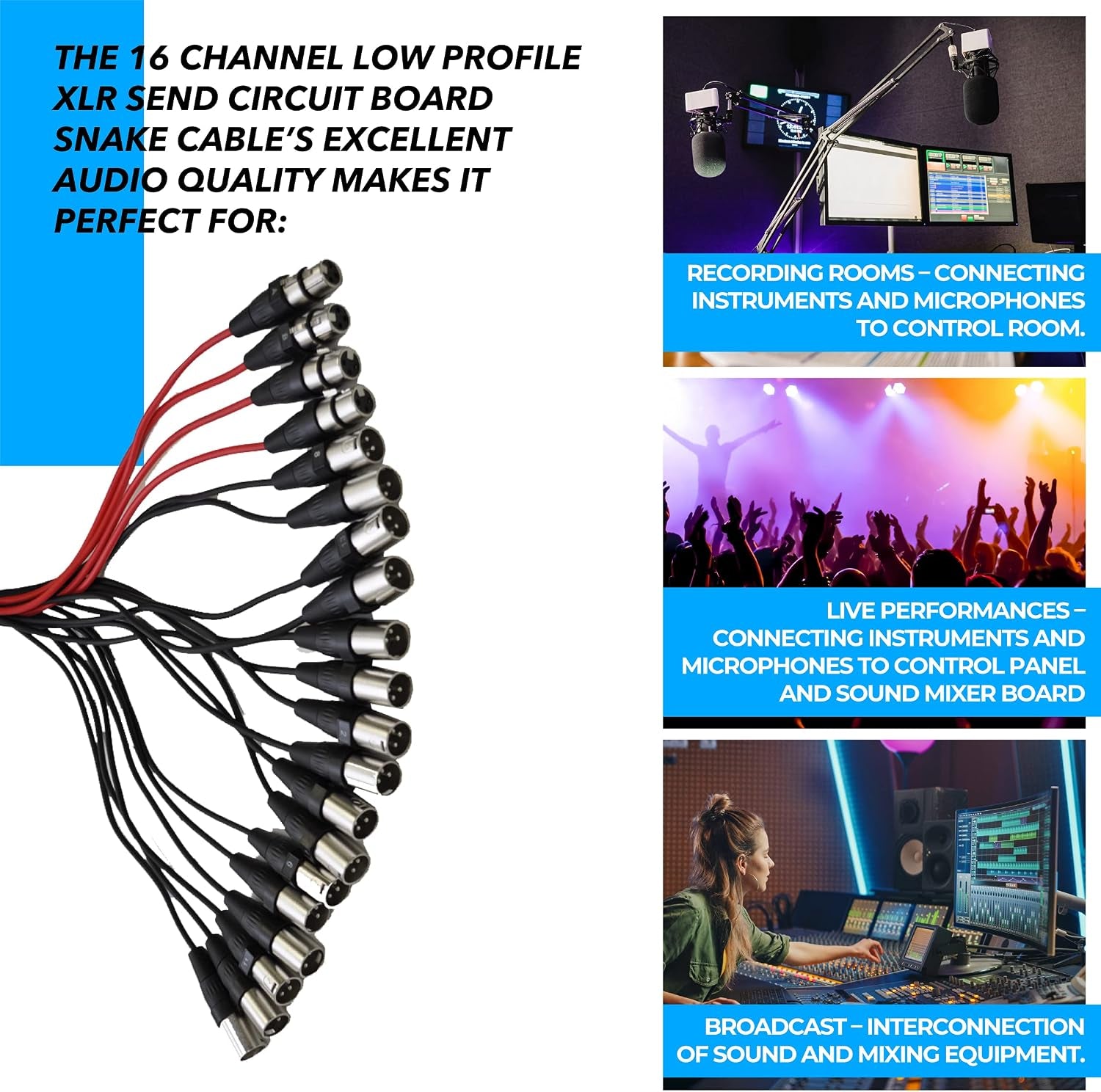 Speakers 16 Channel Low Profile XLR Send Circuit Board Snake Cable, XLR Splitter Cable, 100 Feet