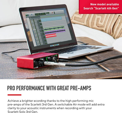 Scarlett Solo 3Rd Gen USB Audio Interface for Guitarists, Vocalists, Podcasters or Producers to Record and Playback Studio Quality Sound | 1 XLR Mic Preamp, 1 Hi-Z Instrument Input, 24-Bit/192Khz, 56Db Gain Range, Air Mode, Macos/Windows/Ipados Compatible