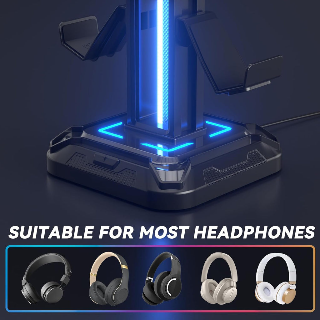 RGB Headset Stand with 9 Light Modes - Controller Holder for Desk - Rotatable Headphone Stand & Detachable Controller Hook for PC Earphone Accessories(Black)