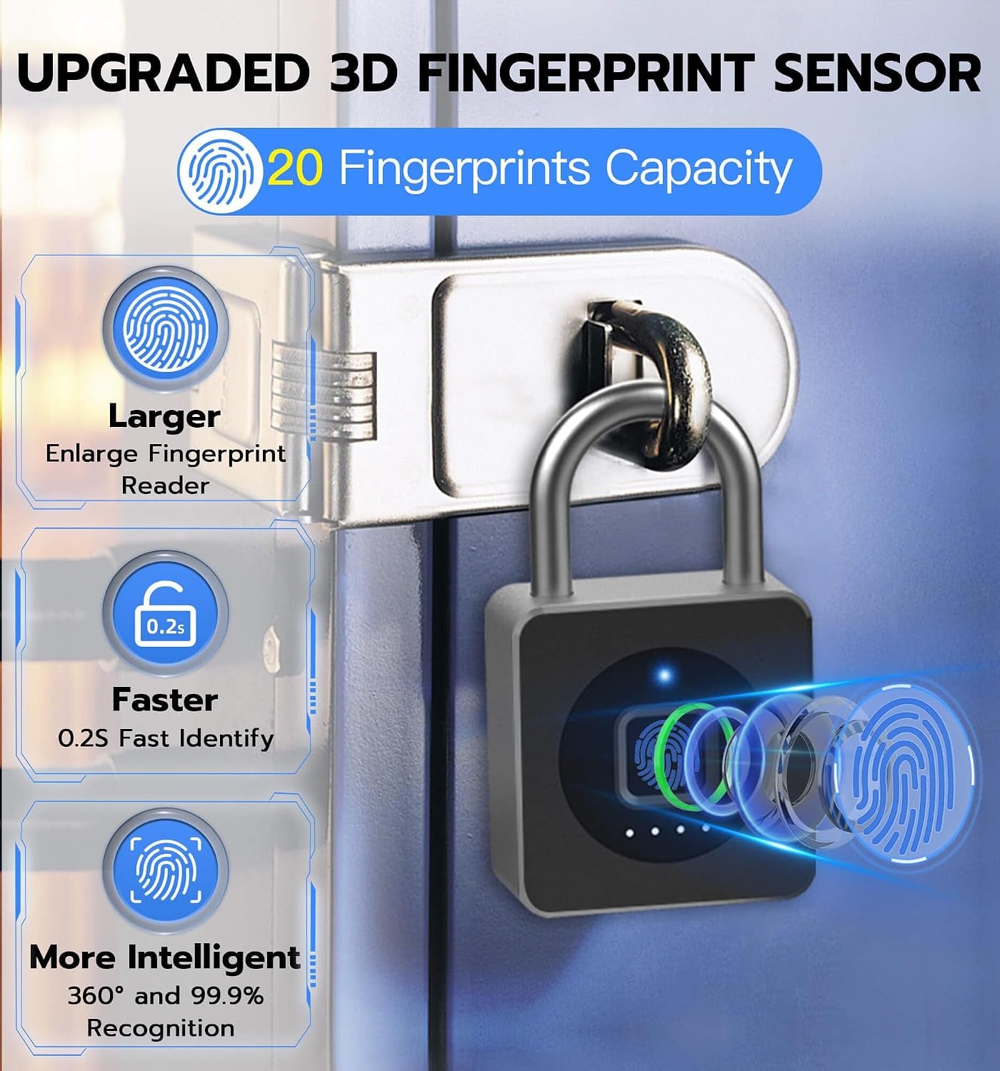 Fingerprint Gym Locker Lock, Keyless Biometric Padlock, Weatherproof Electronic Digital Bluetooth App Smart Combination Pad Lock for Outdoor Fence Gate Storage Unit Pool Shed - Black