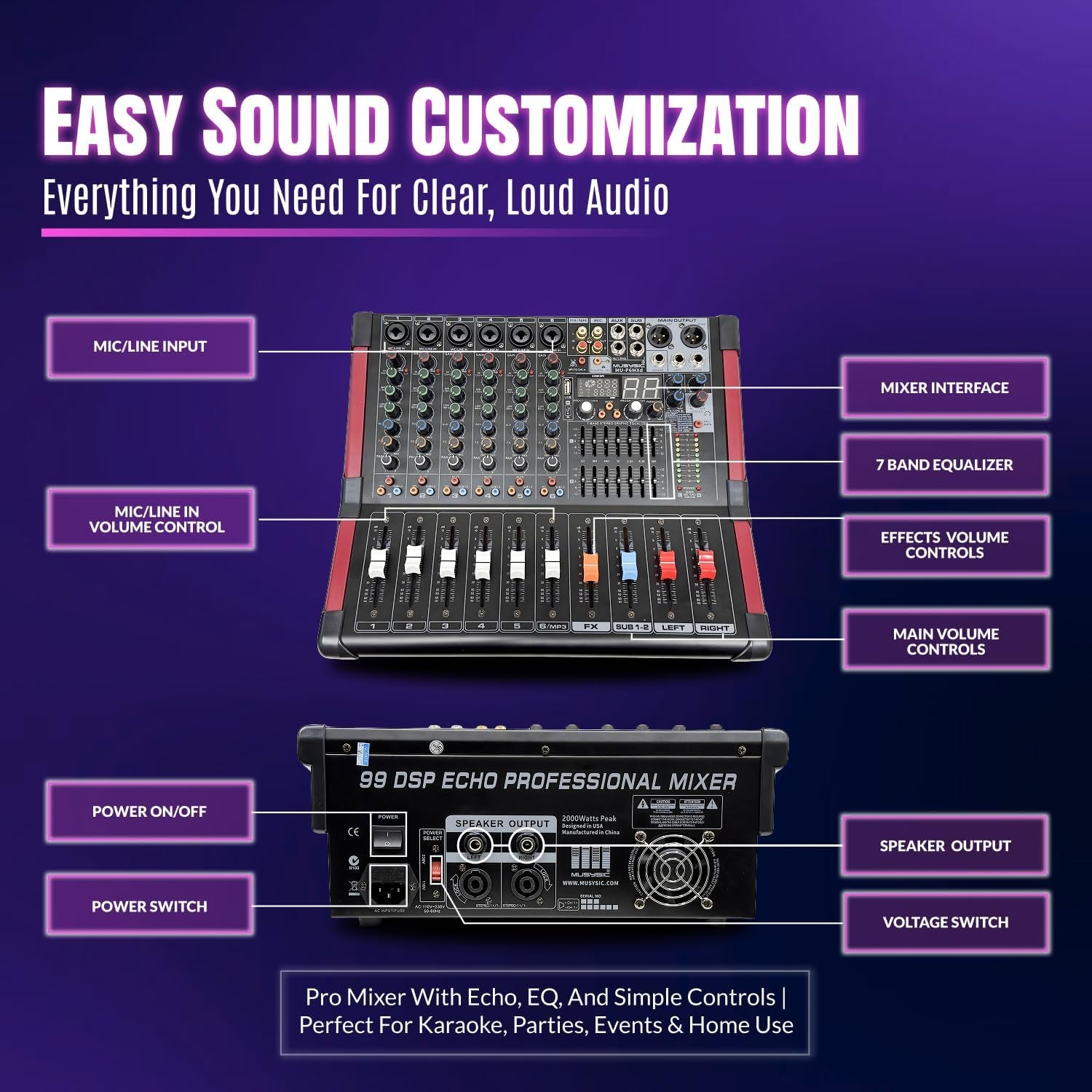 Pa System with Wireless Microphone and Speakers 12", 2000W | Built-In Amplifier W/6 Channel Audio Mixer System, Wireless UHF Microphone, 1000W Passive Speaker, Dual Tripod Stands