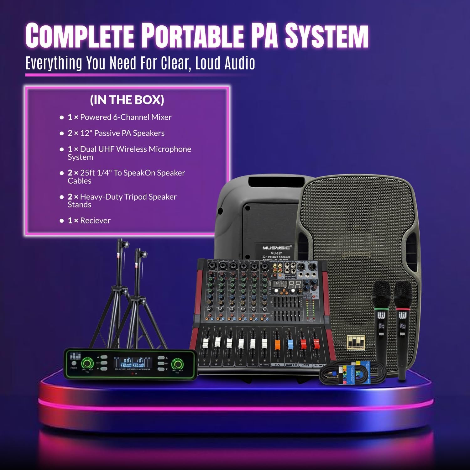 Pa System with Wireless Microphone and Speakers 12", 2000W | Built-In Amplifier W/6 Channel Audio Mixer System, Wireless UHF Microphone, 1000W Passive Speaker, Dual Tripod Stands