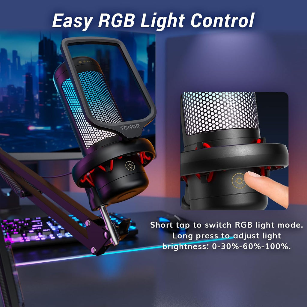 Gaming Microphone Set with Boom Arm, Vocal Condenser Microphone for Content Creators, USB Mic for PC with Stand, RGB, Tap Mute, Gain Control, Gaming Equipemnt, Twitch, Streaming, TC310+ | Boom Arm Set, USB Mic with Controllable Light, One Tap Mute, Volume Control, for Discord, Twitch Streaming, Black, TC310+
