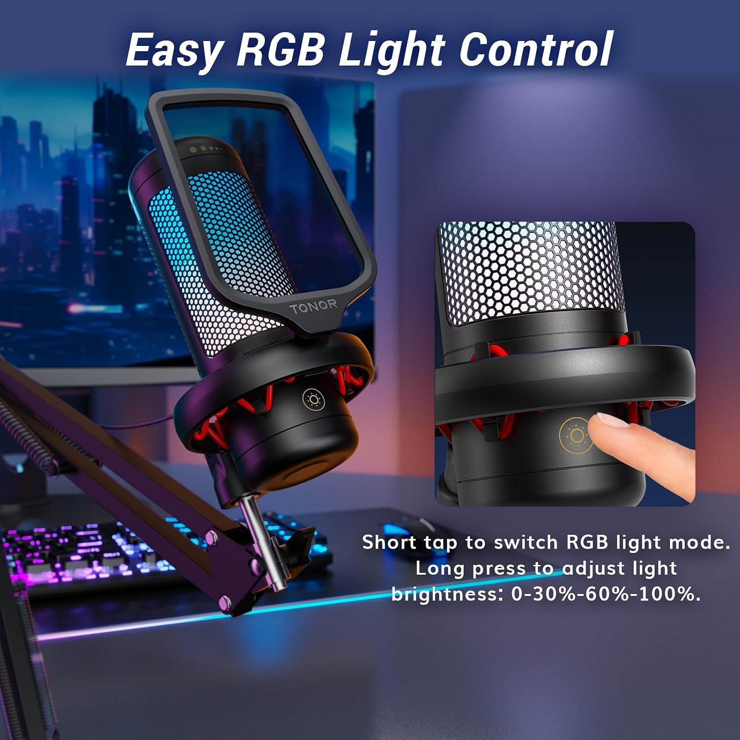 Gaming Microphone Set with Boom Arm, Vocal Condenser Microphone for Content Creators, USB Mic for PC with Stand, RGB, Tap Mute, Gain Control, Gaming Equipemnt, Twitch, Streaming, TC310+ | Boom Arm Set, USB Mic with Controllable Light, One Tap Mute, Volume Control, for Discord, Twitch Streaming, Black, TC310+
