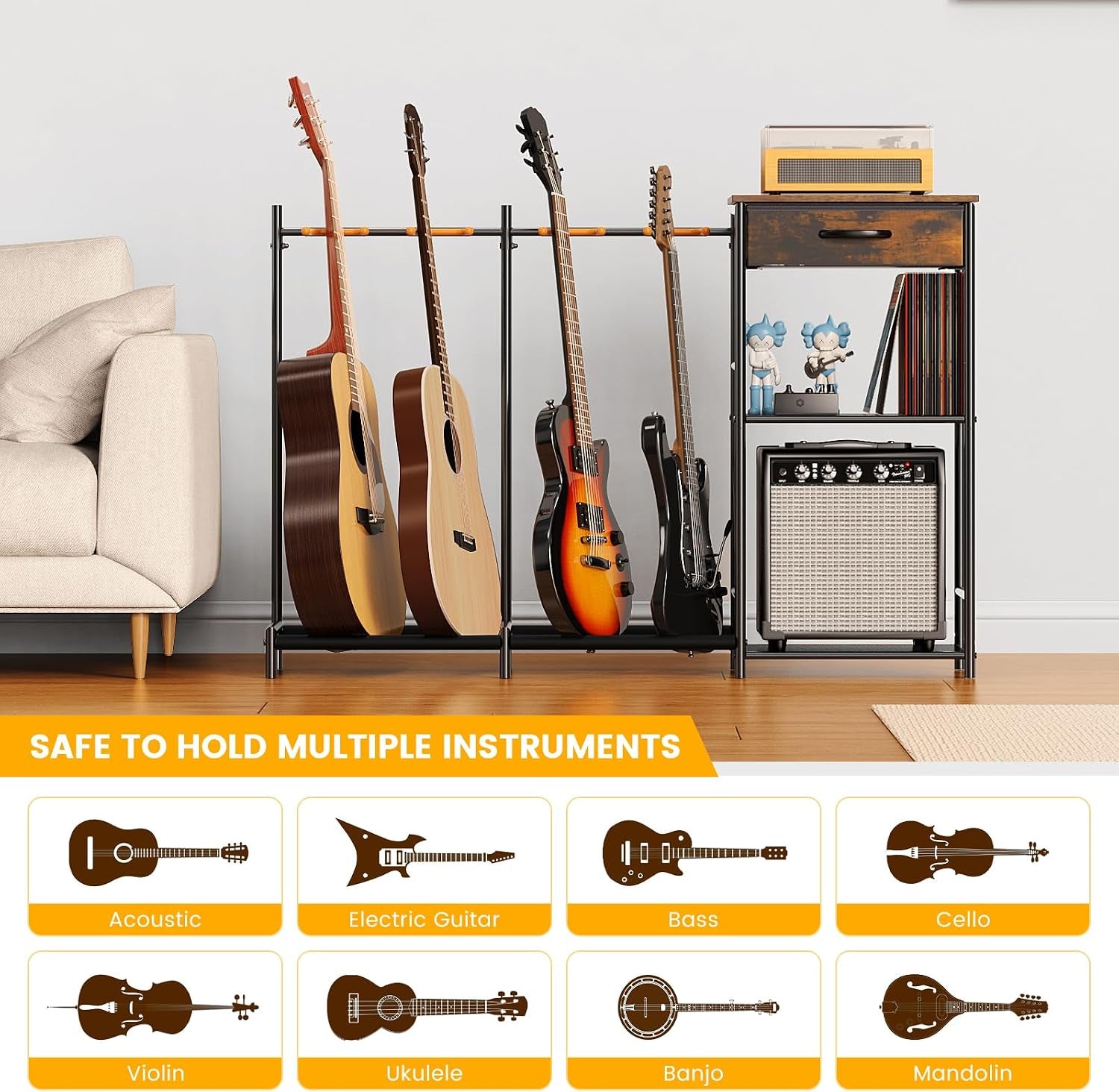 Guitar Stands Floor with 4 Guitar Holders, 3-Tier Guitar Stand Multiple Guitars, Guitar Rack with Amp Stand &amp; Cloth Drawer, Multi Guitar Stand for Music Studio, Guitar Accessories Gift for Music Lover | Guitar Rack with Amp Holders &amp; Cloth Drawer,3-Tier M