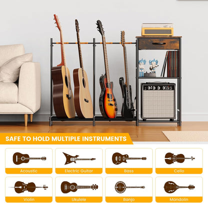 Guitar Stands Floor with 4 Guitar Holders, 3-Tier Guitar Stand Multiple Guitars, Guitar Rack with Amp Stand &amp; Cloth Drawer, Multi Guitar Stand for Music Studio, Guitar Accessories Gift for Music Lover | Guitar Rack with Amp Holders &amp; Cloth Drawer,3-Tier M