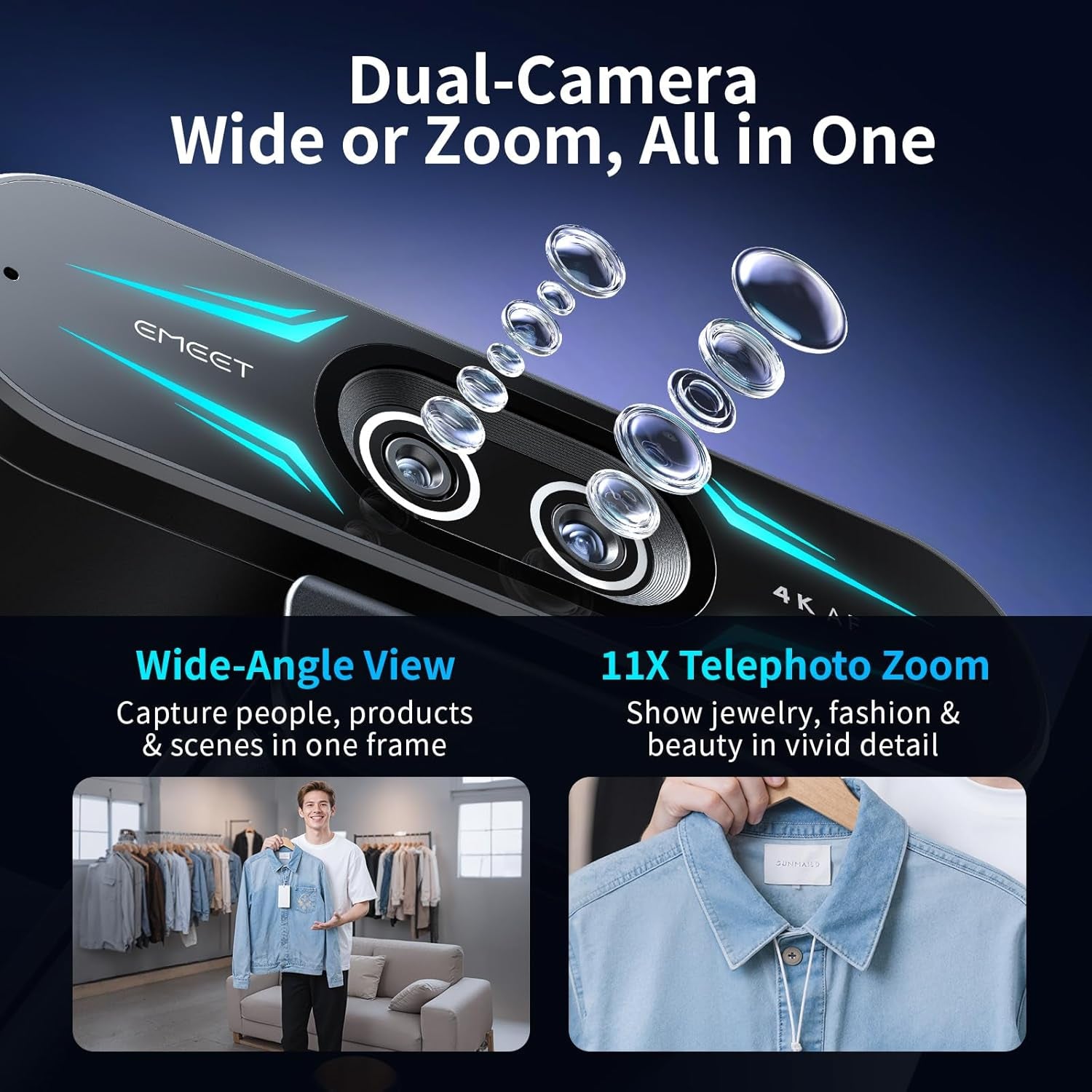 C60E Dual-Camera 4K Webcam for Streaming, Wide-Angle &amp; Telephoto | Max 11X Hybrid Zoom &amp; PDAF Autofocus, Remote Control, RGB Lighting, 2 Mics, Ideal for Livestreaming and Online Meeting