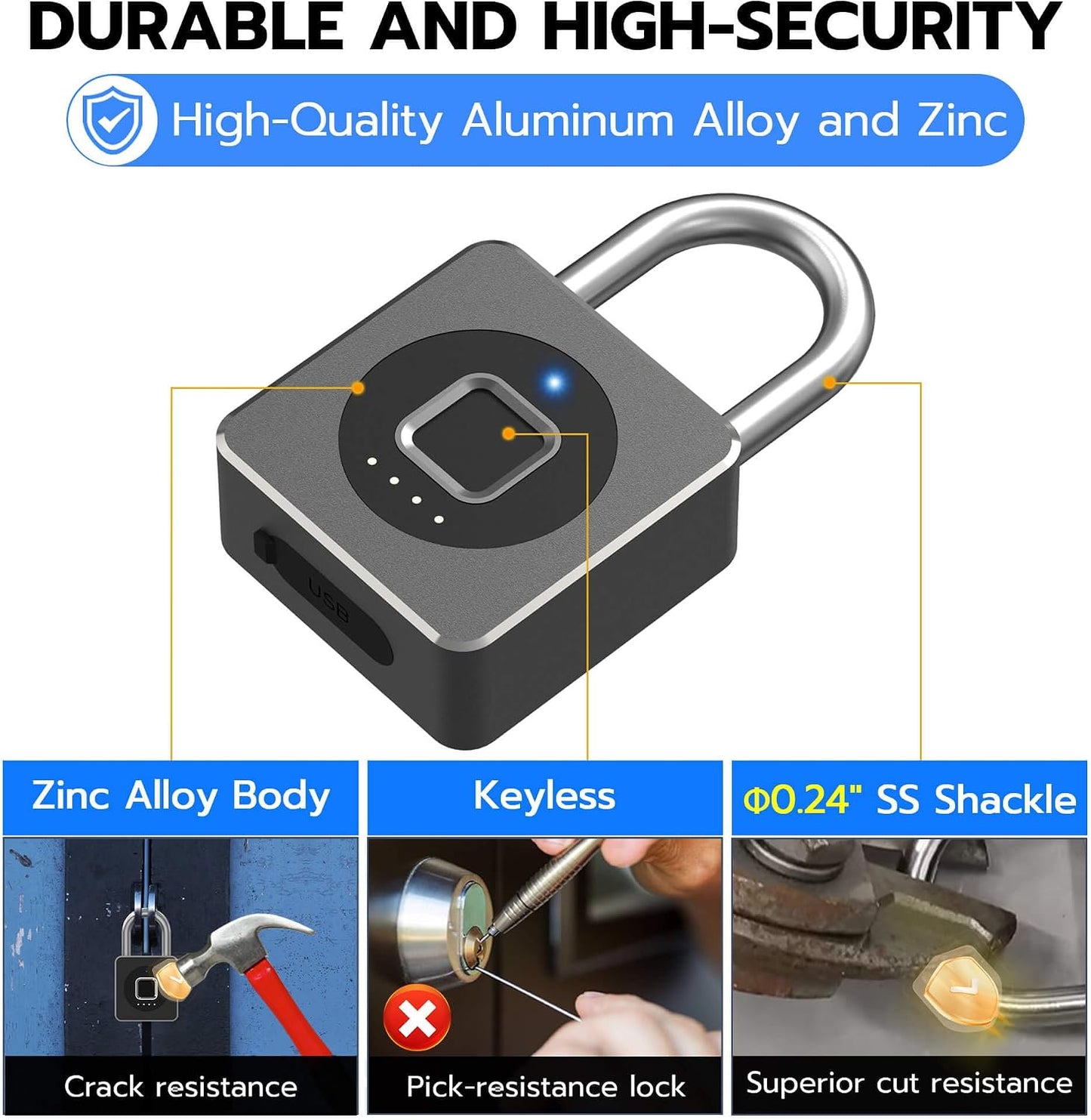Fingerprint Gym Locker Lock, Keyless Biometric Padlock, Weatherproof Electronic Digital Bluetooth App Smart Combination Pad Lock for Outdoor Fence Gate Storage Unit Pool Shed - Black