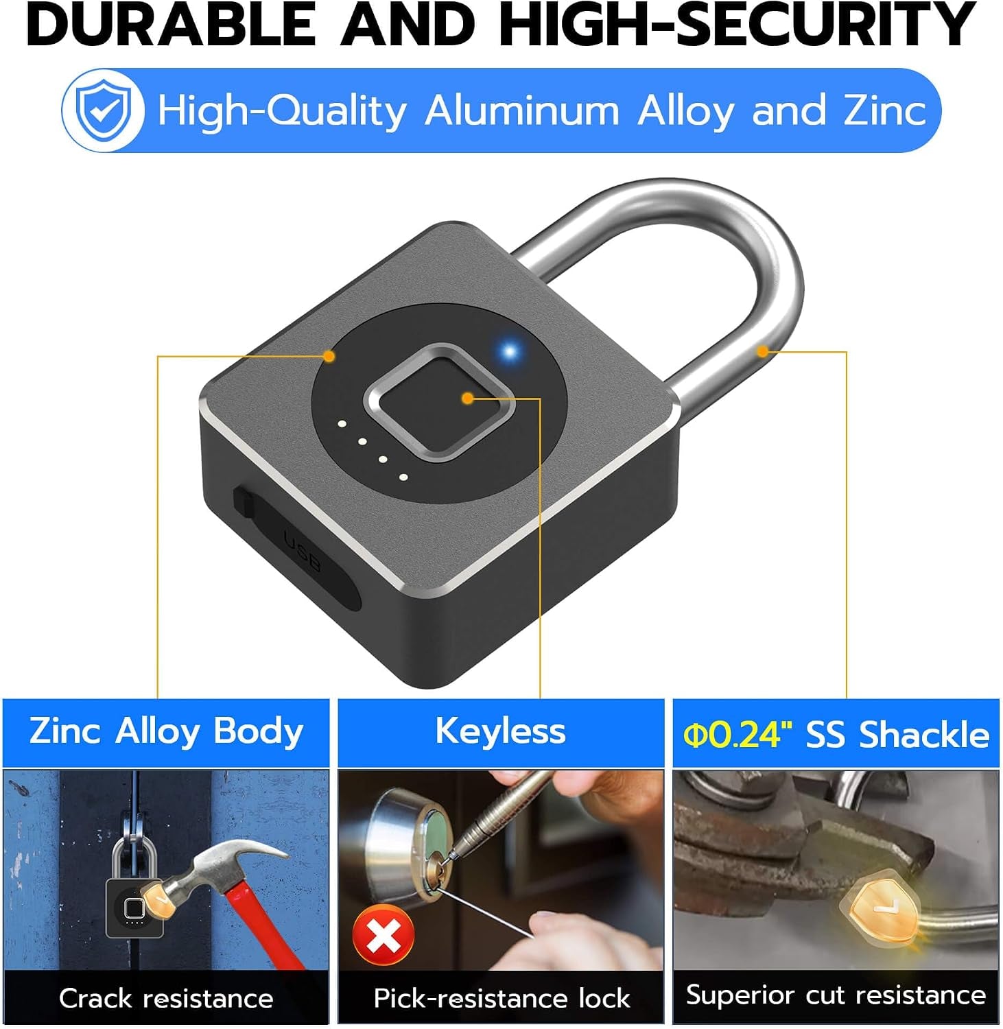 Fingerprint Gym Locker Lock, Keyless Biometric Padlock, Weatherproof Electronic Digital Bluetooth App Smart Combination Pad Lock for Outdoor Fence Gate Storage Unit Pool Shed - Black