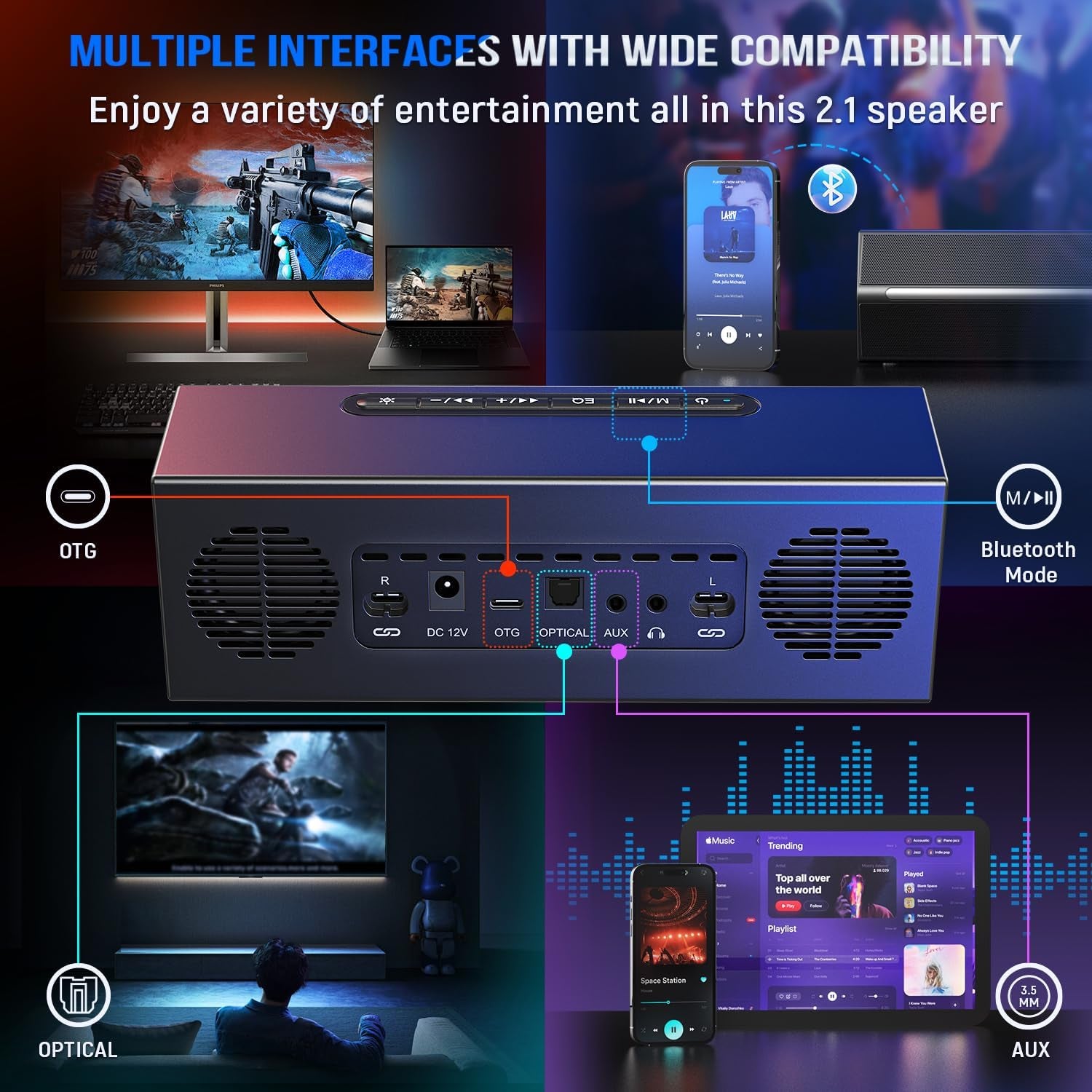 Ampligame A22 2.1 Gaming Computer Speakers with Subwoofer Bluetooth | 18 RGB Modes, Deep Punchy Bass, 3 EQ Presets, Volume Control, AC Powered, for PC TV Monitor Phone Tablet Music Gaming Movie